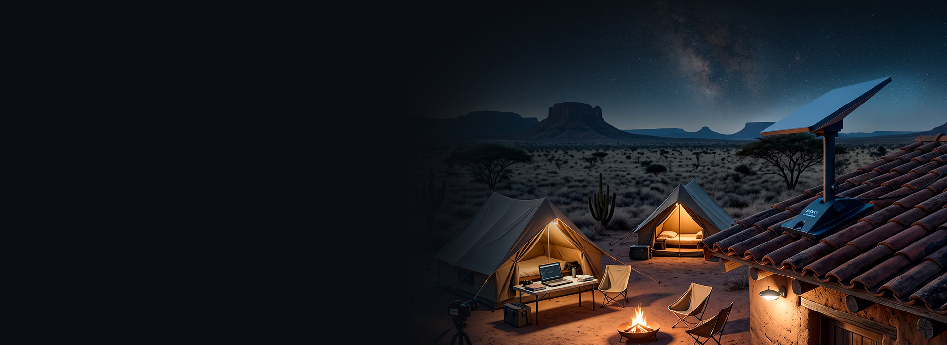 Campamento nocturno con carpas y un Starlink Mini® instalado en el techo con el soporte ajustable de Nexxt Anywhere