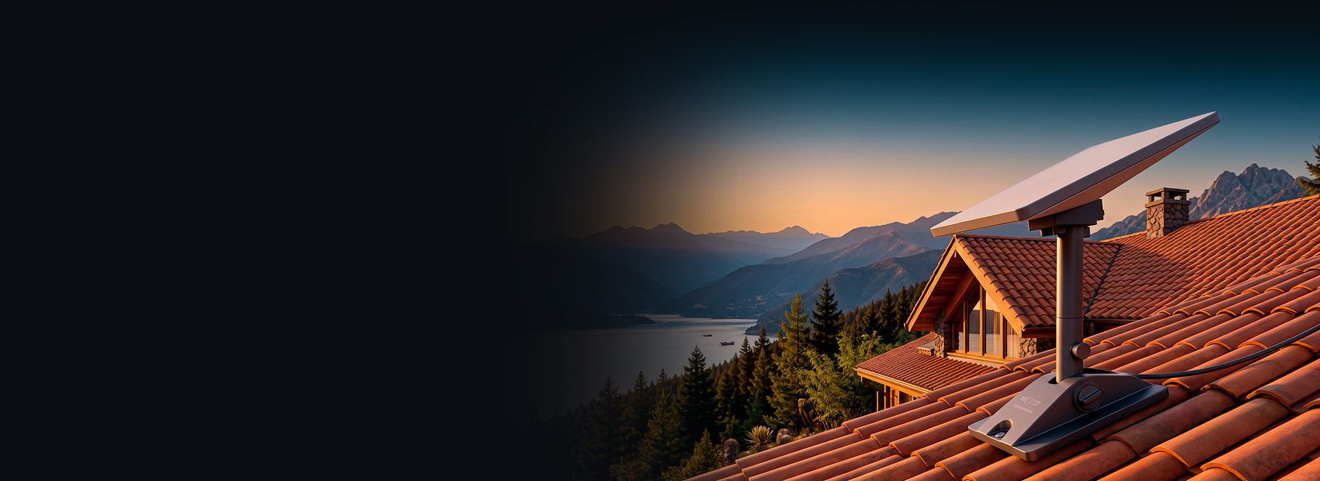 Starlink Mini® installed with the adjustable mount on the tiled roof of a country house, overlooking a lake between mountains