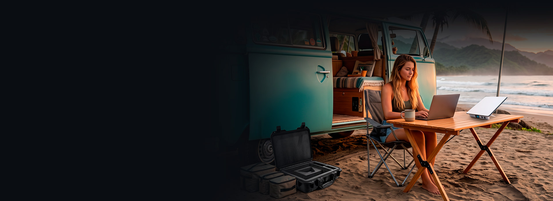 Woman working on her laptop next to a camper van on the beach, connected with Starlink Mini®